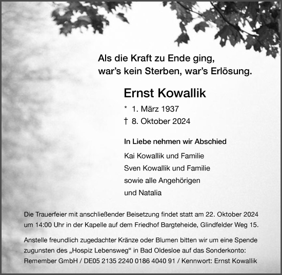 Traueranzeige von Ernst Kowallik von Stormaner Tageblatt