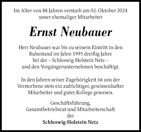 Traueranzeige von Ernst Neubauer von Schleswig-Holsteinische Landeszeitung
