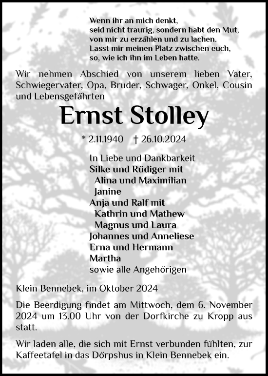 Traueranzeige von Ernst Stolley von Schleswig-Holsteinische Landeszeitung