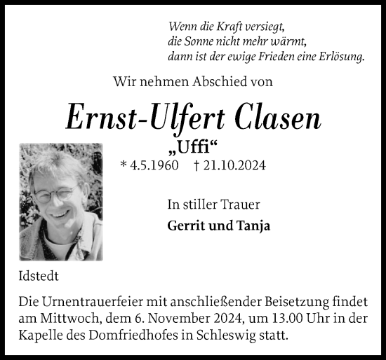 Traueranzeige von Ernst-Ulfert Clasen von Schleswiger Nachrichten, Schlei-Bote