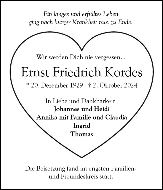 Traueranzeige von Ernst Friedrich Kordes von Elmshorner Nachrichten, Barmstedter Zeitung