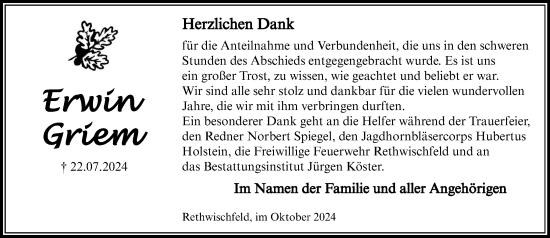 Traueranzeige von Erwin Griem von Stormaner Tageblatt