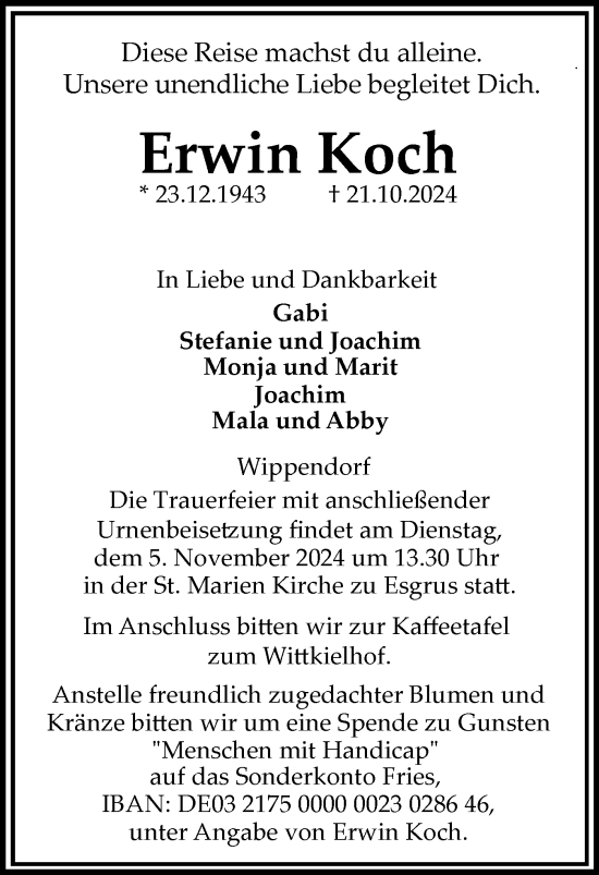 Traueranzeige von Erwin Koch von Flensburger Tageblatt