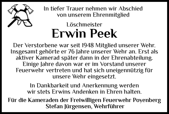 Traueranzeige von Erwin Peek von Norddeutsche Rundschau, Wilstersche Zeitung, Glückstädter Fortuna