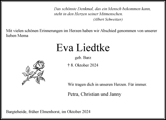 Traueranzeige von Eva Liedtke von Stormaner Tageblatt