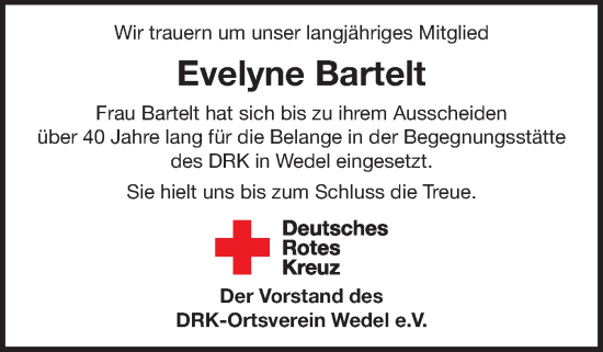 Traueranzeige von Evelyne Bartelt von Wedel-Schulauer Tageblatt, tip Wedel-Schulauer Tageblatt, tip Rissener Rundschau