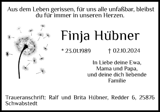 Traueranzeige von Finja Hübner von Husumer Nachrichten, Nordfriesland Tageblatt