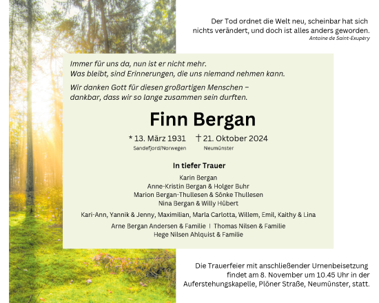 Traueranzeige von Finn Bergan von Holsteinischer Courier