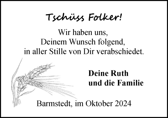 Traueranzeige von Folker  von Elmshorner Nachrichten, Barmstedter Zeitung