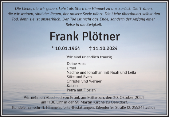 Traueranzeige von Frank Plötner von Flensburger Tageblatt