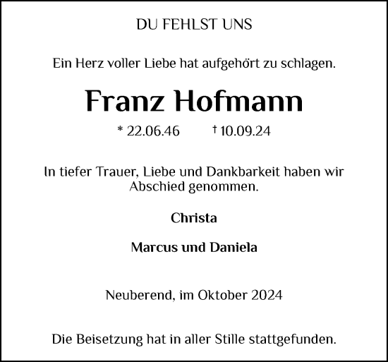 Traueranzeige von Franz Hofmann von Schleswiger Nachrichten, Schlei-Bote