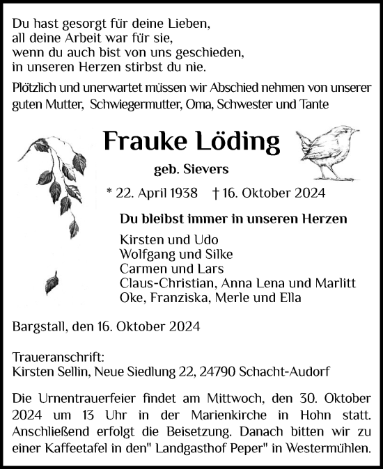 Traueranzeige von Frauke Löding von Schleswig-Holsteinische Landeszeitung