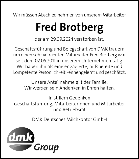 Traueranzeige von Fred Brotberg von Husumer Nachrichten, Nordfriesland Tageblatt