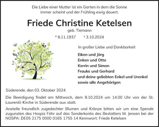 Traueranzeige von Friede Christine Ketelsen von Der Insel-Bote