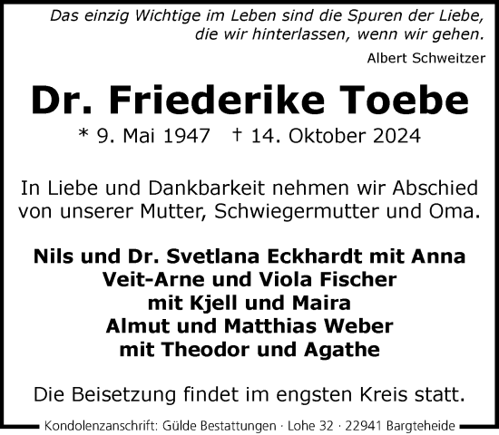 Traueranzeige von Friederike Toebe von Stormaner Tageblatt