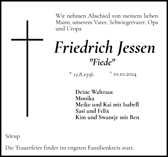 Traueranzeige von Friedrich Jessen von Flensburger Tageblatt