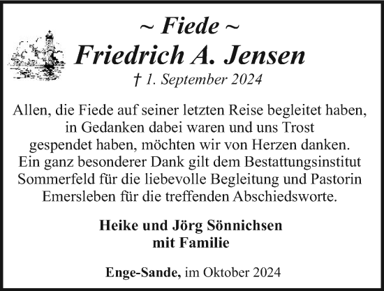 Traueranzeige von Friedrich A. Jensen von Husumer Nachrichten, Nordfriesland Tageblatt