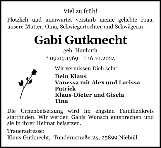 Traueranzeige von Gabi Gutknecht von Husumer Nachrichten, Nordfriesland Tageblatt