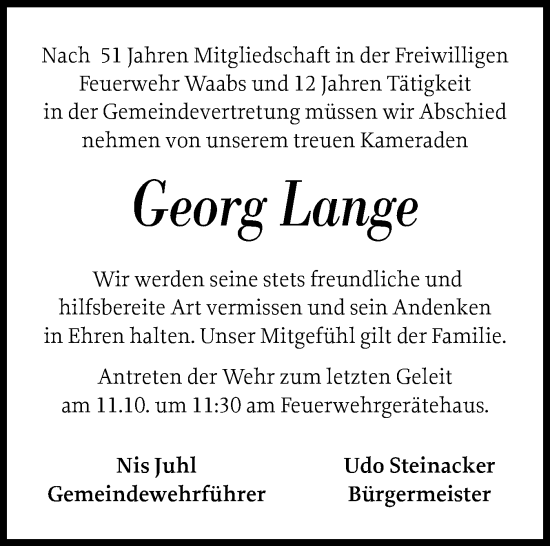 Traueranzeige von Georg Lange von Eckernförder Zeitung, Hallo Eckernförde