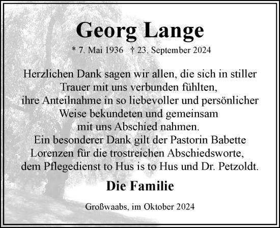 Traueranzeige von Georg Lange von Eckernförder Zeitung, Hallo Eckernförde