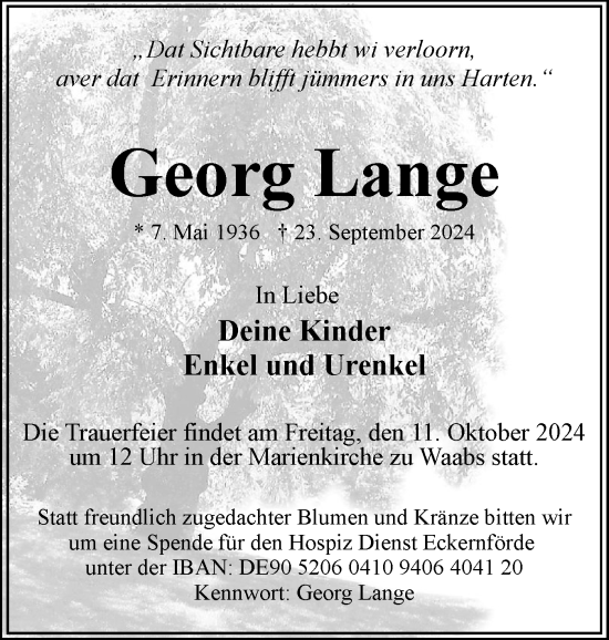 Traueranzeige von Georg Lange von Eckernförder Zeitung, Hallo Eckernförde