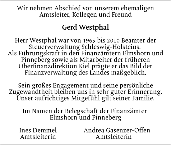 Traueranzeige von Gerd Westphal von Region Pinneberg und tip Pinneberg