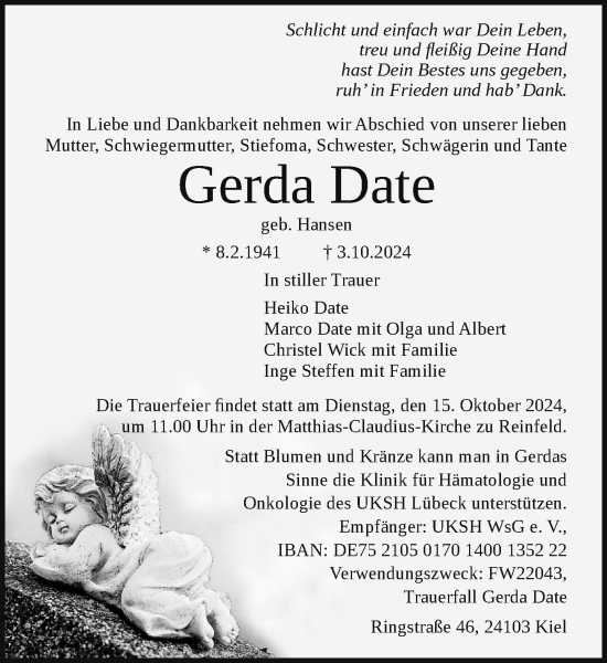 Traueranzeige von Gerda Date von Stormaner Tageblatt