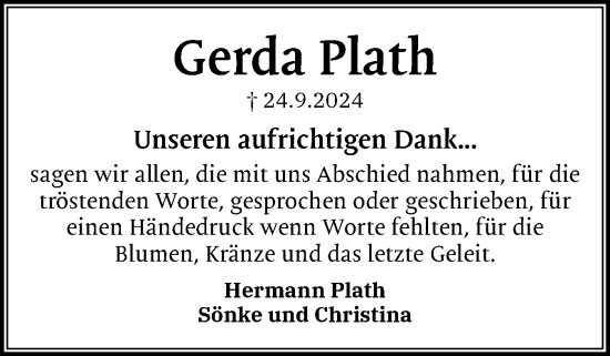 Traueranzeige von Gerda Plath von Holsteinischer Courier