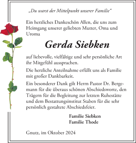 Traueranzeige von Gerda Siebken von Schleswig-Holsteinische Landeszeitung