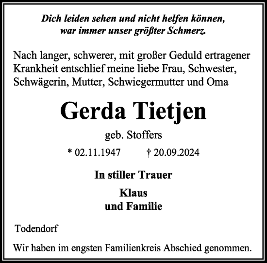 Traueranzeige von Gerda Tietjen von Stormaner Tageblatt