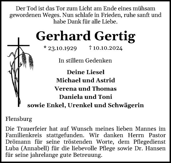 Traueranzeige von Gerhard Gertig von Flensburger Tageblatt