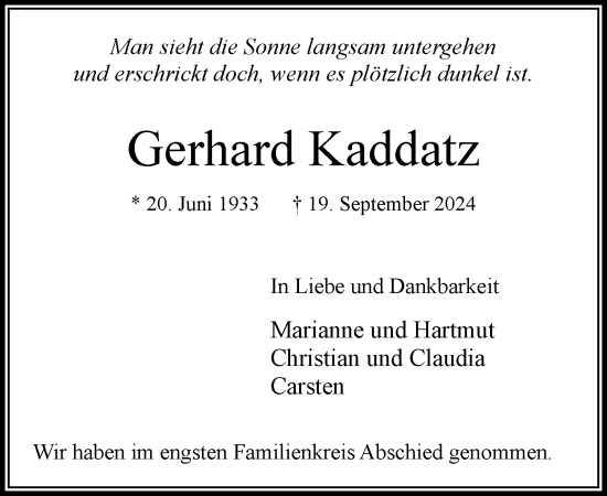 Traueranzeige von Gerhard Kaddatz von Stormaner Tageblatt