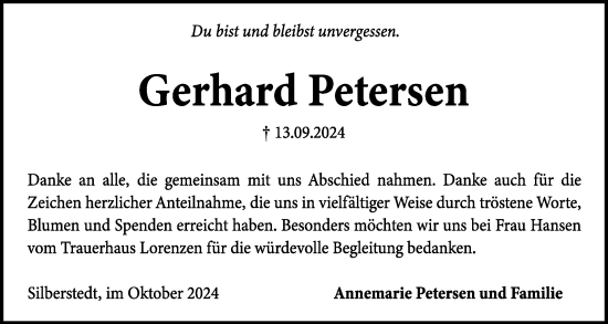 Traueranzeige von Gerhard Petersen von Schleswiger Nachrichten, Schlei-Bote