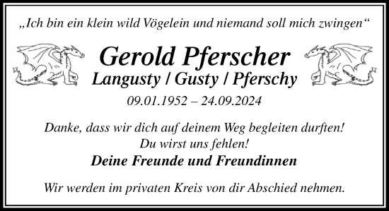 Traueranzeige von Gerold Pferscher von Stormaner Tageblatt