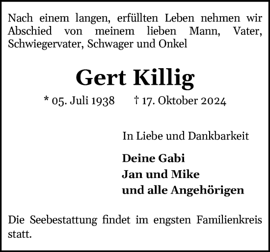Traueranzeige von Gert Killig von Ostholsteiner Anzeiger