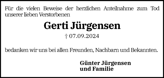 Traueranzeige von Gerti Jürgensen von Sylter Rundschau