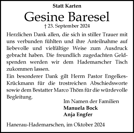Traueranzeige von Gesine Baresel von Schleswig-Holsteinische Landeszeitung