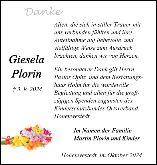 Traueranzeige von Giesela Plorin von Schleswig-Holsteinische Landeszeitung