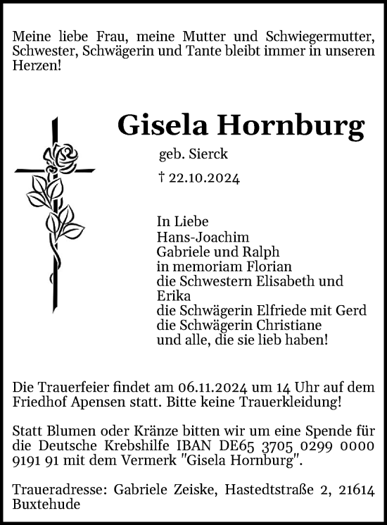 Traueranzeige von Gisela Hornburg von Norddeutsche Rundschau, Wilstersche Zeitung, Glückstädter Fortuna