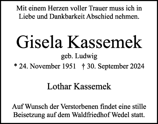 Traueranzeige von Gisela Kassemek von Wedel-Schulauer Tageblatt, tip Wedel-Schulauer Tageblatt, tip Rissener Rundschau