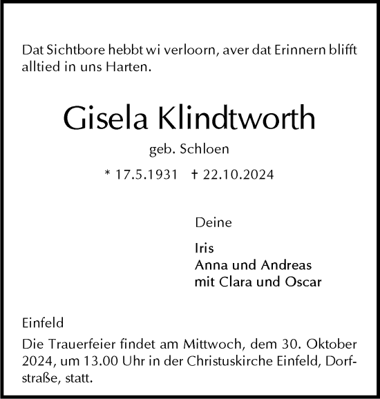 Traueranzeige von Gisela Klindtworth von Holsteinischer Courier