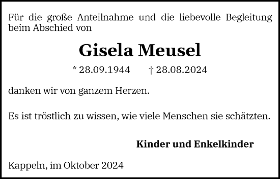 Traueranzeige von Gisela Meusel von Schleswiger Nachrichten, Schlei-Bote