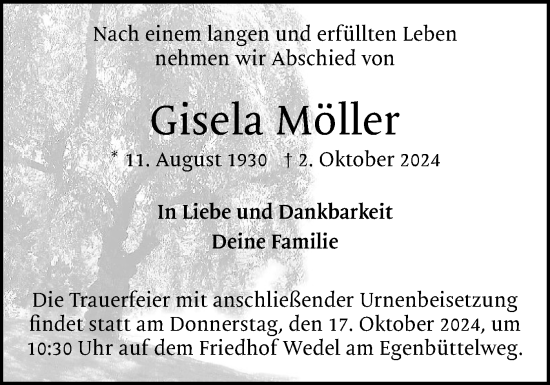 Traueranzeige von Gisela Möller von Wedel-Schulauer Tageblatt, tip Wedel-Schulauer Tageblatt, tip Rissener Rundschau