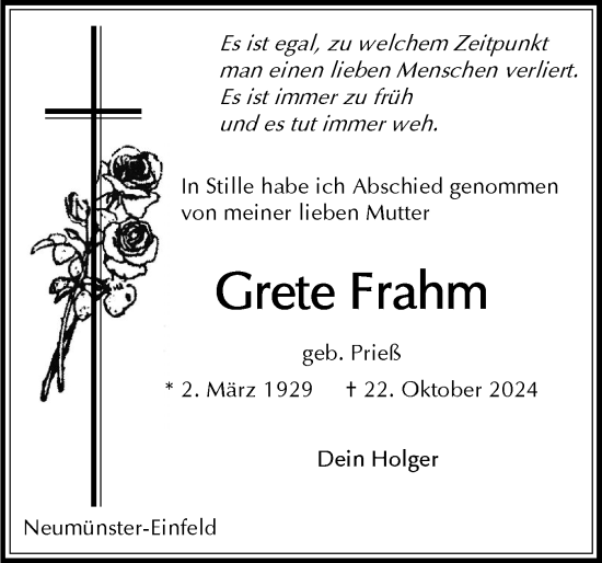 Traueranzeige von Grete Frahm von Holsteinischer Courier