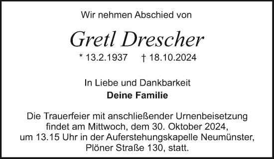 Traueranzeige von Gretl Drescher von Holsteinischer Courier