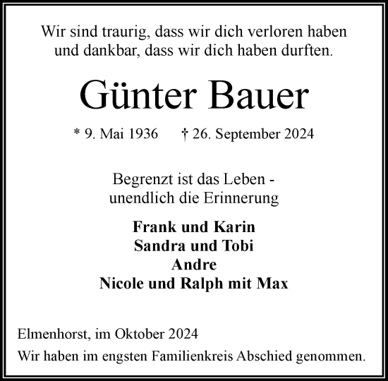 Traueranzeige von Günter Bauer von Stormaner Tageblatt