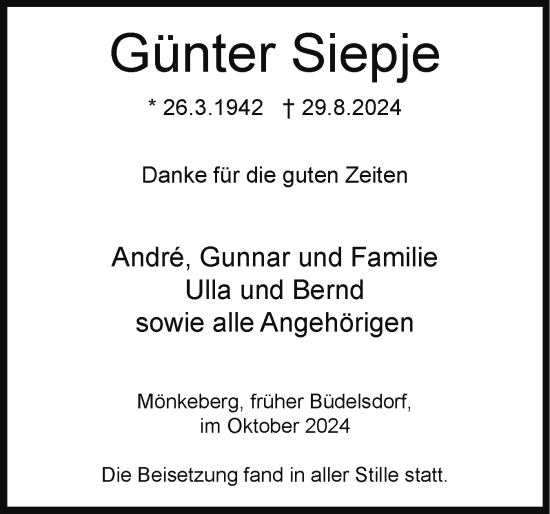 Traueranzeige von Günter Siepje von Schleswig-Holsteinische Landeszeitung
