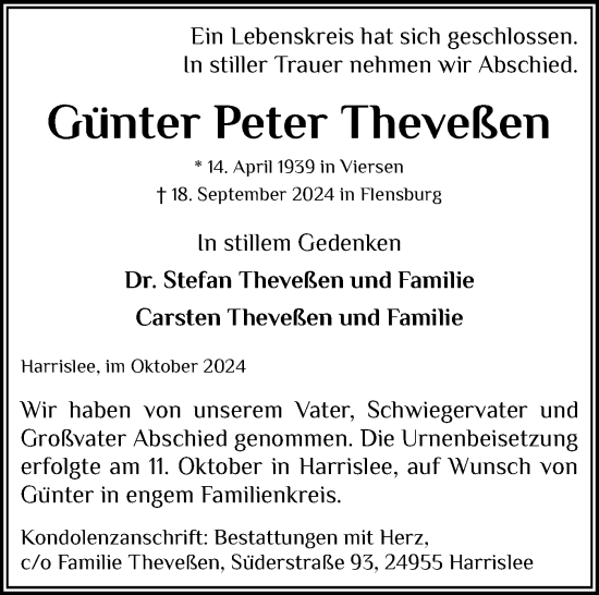 Traueranzeige von Günter Peter Theveßen von Flensburger Tageblatt