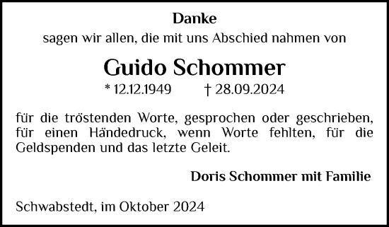 Traueranzeige von Guido Schommer von Husumer Nachrichten, Nordfriesland Tageblatt