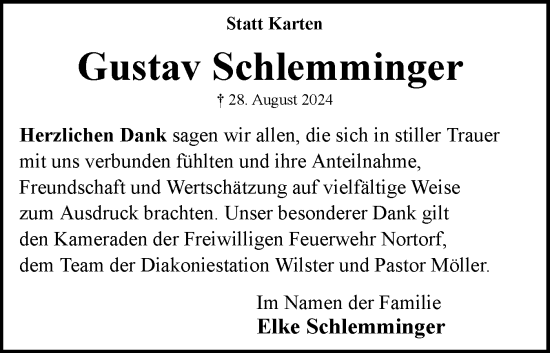 Traueranzeige von Gustav Schlemminger von Norddeutsche Rundschau, Wilstersche Zeitung, Glückstädter Fortuna
